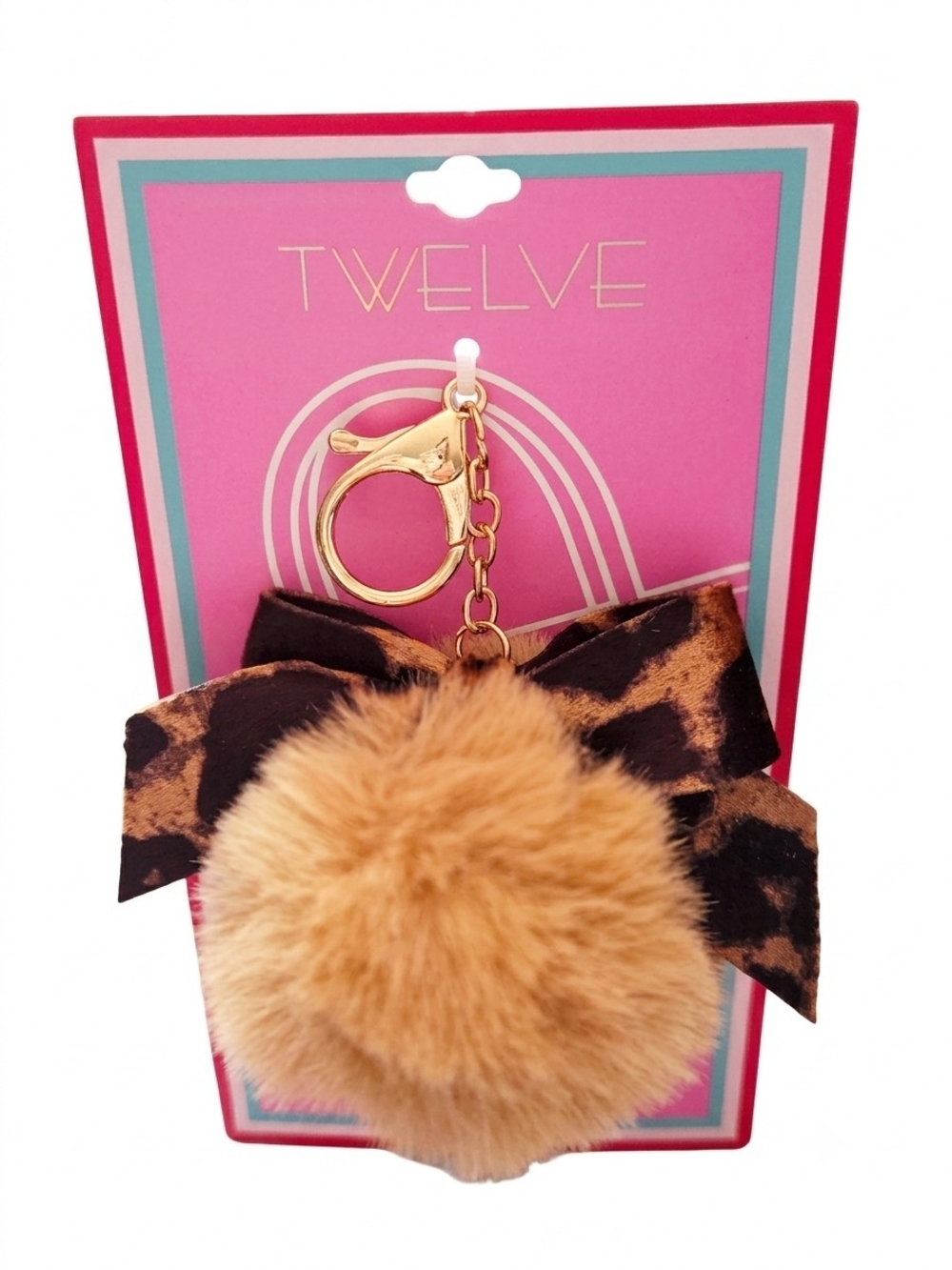 S-Twelve Tan Faux Fur Pom Keychain with Leopard Bow and Gold Hardware